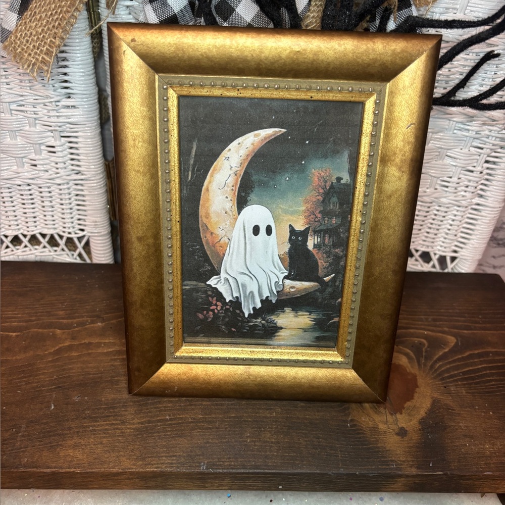 Framed Halloween Ghost and Cat Art with Gold Frame